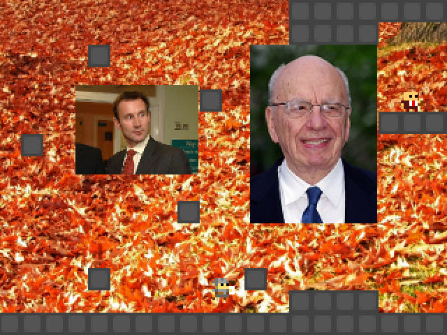 A screengrab of a computer screen with a red firey background and grey blocks along the bottom of the screen and six individual blocks scattered across the screen behind two photos of men, one landscape image of a man with brown hair, red tie, white shirt and black suit jacked looking to his left; one portrait image of an older man with some grey/white hair and a large bald patch on the top of his head, he is wearing glasses, a blue tie, white shirt and dark suit jacket.